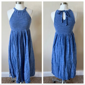 Led Lux Essentials Denim smocked bodice chambray midi dress blue 5253